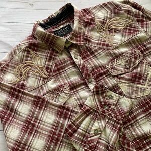 Men’s BUCKLE BLACK Athletic Fit Long Sleeve Plaid Shirt Embroidered Accents XL